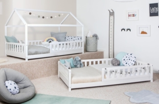 Ticaa Hausbett Duo mit Rausfallschutz aus Kiefer, Bodenbett 140x200, inkl. abnehmbarem Dach, mit Rollrost