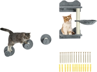 PawHut Katzen-Kletterwand 4-teilig, Katzentreppe, mit Hängematte, Sisal, Grau, 40 x 28 x 73cm