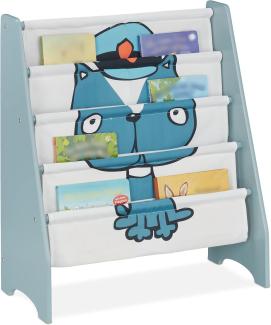 Relaxdays Bücherregal Kinder, HBT: 71 x 61,5 x 30 cm, Kinderbücherregal mit Hundemotiv, 4 Fächer, MDF & Stoff, blau/weiß