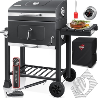 KESSER® Grill Grillwagen XXL Holzkohlegrill mit Deckel, Rädern, Edelstahl-Griff, Grillrost und Thermometer Holzkohle kohlegrill Wagen groß Kohle BBQ Barbeque Camping, Terrasse, Garten XL, Grau + Set