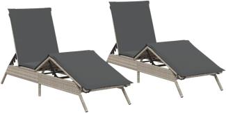 2 Sonnenliegen mit Auflagen Grau Poly Rattan