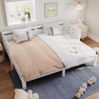 SOFTWEARY Kinderbett Ausziehbett mit Lattenrost und ausziehbarer Liegefläche (90x200 cm/180x200 cm), Holzbett aus Kiefer, Jugendbett