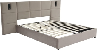 Vente-unique - Bett mit Bettkasten mit Kopfteil & integrierter Lampe - 180 x 200 cm - Samt - Taupe - SARETO