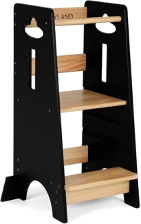 COSYLAND Lernturm ab 1 Jahr - Höhenverstellbarer Learning Tower für Kinder (3-stufig) - Montessori Lernturm mit Kippschutz & Massivholz (Holzfarbe und Schwarz)