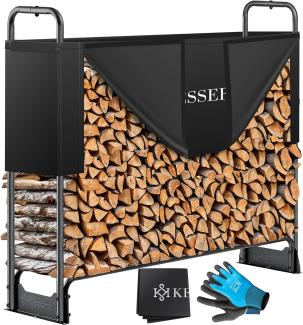 KESSER® Kaminholzregal Metall Brennholzregal außen Stahlrahmen + Abdeckung & Handschuhe Kaminholzunterstand 200kg Wasserdichter Holzlager Holzstapelhilfe für Garten Terrasse Schwarz, 130 x 36 x 117cm