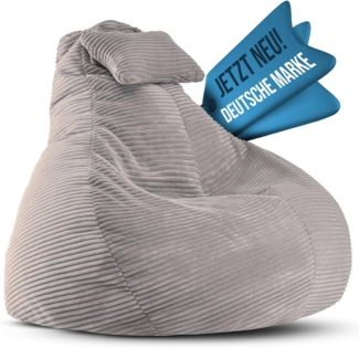 LazyCloud Sitzsack für Erwachsene mit integrierter [Nackenstütze] Cord | XXL Indoor Bean Bag mit Füllung | perfekt als Chill-, Lese- oder Gaming Sessel (90 x 80 x 70 cm) (Leichtgrau)