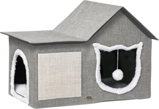 PawHut Tierbett Katzenhütte mit Doppeltüren, Kuschelhöhle mit Kissen, Spielball, MDF, Leinenimitat(100% Polyester), Plüsch, Sisal, 65L x 41B x 45.5H cm