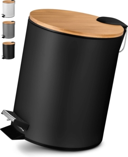 VMbathrooms 5L Kosmetikeimer in edlem schwarzem Design | Tretmülleimer mit Absenkautomatik (Soft Close) | Eleganter Eimer fürs Bad mit Innenbehälter und Bambus-Holzdeckel