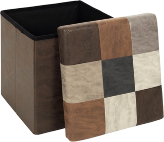 HOME DECO FACTORY, HD7665, Faltbare Pu-Patchwork-Pouf-Truhe, Indus Bistro, Möbel, Sitz, Faltbare Truhe und Bank, 38 x 38 x 38 cm, Sitzhöhe 38 cm, braun