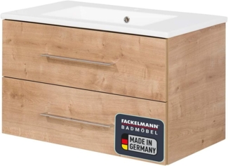 FACKELMANN B.PERFEKT Waschbecken mit Unterschrank 82 cm breit, Braun hell, Waschbecken Keramik Weiß