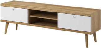 Selsey Scandi - TV-Schrank in Eiche-Weiß Matt mit Holzbeinen, 2 offene Fächer und 2 Klapptüren, 160 cm
