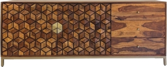 Sideboard Sheesham Massivholz 180cm 2 Türen 3 Schubladen Gold Metallgestell Modern