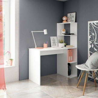 Dmora - Pittston-Schreibtisch, linearer Schreibtisch mit Bücherregal, platzsparender Mehrzweck-Bürotisch, 110x52h136 cm, Weiß