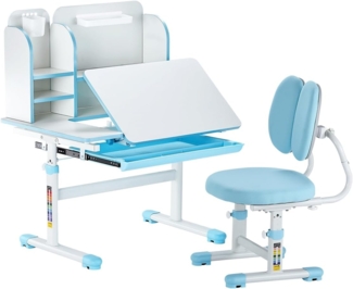 VEVOR Schreibtisch Kinderschreibtisch Arbeitstisch und Stuhl höhenverstellbarer (54-73 cm) belastbarer (100 kg) 0–40° neigbarer Tisch mit Bücherregal für Schlafzimmer Arbeitszimmer Schule Blau