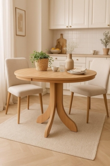 Moderner Esstisch – Rund, Ø90 cm, Eiche-Dekor, Ausziehbar auf 130 cm