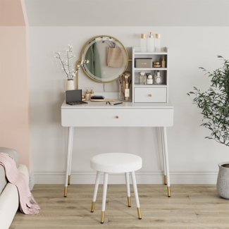 Schminktisch Mirela Weiß 90 cm mit LED-Spiegel und Hocker Vicco