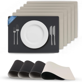 Bestlivings Tischset ( 6er Set ) abwischbares Lederimitat Platzdeckchen 46x33cm - Doppelseitiges Unifarben ( Schwarz / Hellgrau ) Kunstleder Platzset