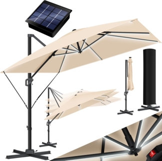KESSER® Sonnenschirm Ampelschirm SUN XL 300 x 300 cm Inkl. Abdeckung +Windsicherung Drehbar Neigbar Kippbar Marktschirm Groß 360° Rotation, Gartenschirm mit Kurbel Sonnenschutz UV50+ Taupe, Mit LED