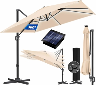 KESSER® Sonnenschirm Ampelschirm SUN XL 300 x 300 cm Inkl. Abdeckung +Windsicherung Drehbar Neigbar Kippbar Marktschirm Groß 360° Rotation, Gartenschirm mit Kurbel Sonnenschutz UV50+ Taupe, Mit LED