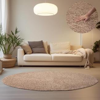 HomebyHome Hochflor Runder Teppich 160 cm Rund Einfarbig Beige Teppich Langflor Shaggy Modern Teppich für Wohnzimmer, Schlafzimmer, Pflegeleicht Flauschig Weich Rund Großer Teppich