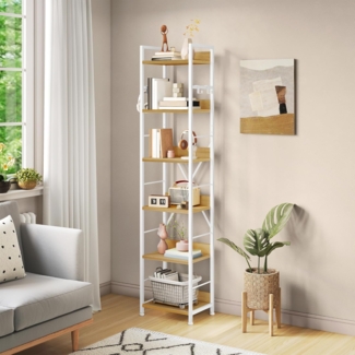 YITAHOME Bücherregal mit 6 Ebenen, Industrielles Standregal, Metallrahmen und Holzregale, Hohes Lagerregal mit 4 Haken, Präsentationsorganizer, für Wohnzimmer, Heimbüro, Weiß und Eiche Regal