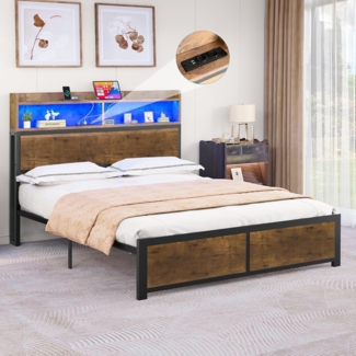 YITAHOME Bettgestell LED mit Kopfteil USB-Anschlüsse und Ladeausgänge Metallplattform-Bettgestell mit 2 Regalböden,Keine Matratze erforderlich,Braun 200X180CM
