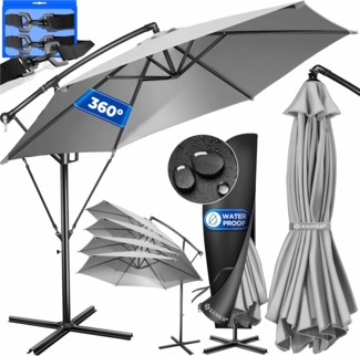 KESSER® Alu Ampelschirm Sonnenschirm + Abdeckung Ø300 cm / Ø350 cm mit Kurbelvorrichtung Kurbelschirm mit Ständer UV-Schutz Aluminium Wasserabweisende Bespannung - Schirm Gartenschirm Marktschirm 350cm, Hellgrau