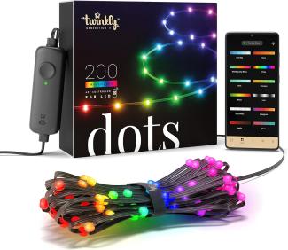 Twinkly Dots 10m, Flexibler RGB-LED-Streifen, für Drinnen und Draußen, Kompatibel mit Home Kit, Alexa LED und Google Home, IP44, Über 16 Mio. Farben, App-Steuerung, Schwarzes Kabel, 200 LED-Lichter