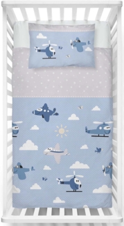 LINKHOFF Babybettwäsche Kleinkinder Bettwäsche 135x100 + Kissen 60x40cm - Flugzeuge Blau, 100% Baumwolle, Flanell Biber Bettwäsche