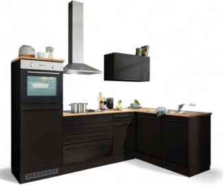 Jazz 6 Moderne Eckküche mit Elektrogeräten in Schwarz matt, Lanzelot Eiche Optik - Geräumige Küchenzeile in L-Form mit viel Stauraum - 260 x 200 x 60 cm (B/H/T)