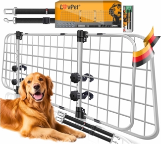 LovPet® Hundegitter Auto, Autoschutzgitter Trenngitter Universal, verstellbare Breite, Kopfstütze Kofferraum Autogitter Maße HxB 30 x 91-153 cm Kofferraumgitter,+ 2x Sicherheitsgurt für Hunde Grau