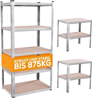 TroniTechnik Regal Schwerlastregal mit 5 Holzböden, edel verzinkt, Standregal, als Werkbank nutzbar, variable Montage inkl. MFD-Platten und Querstreben, 875kg Belastbarkeit, verzinkte Metallstreben, Wandmontage möglich