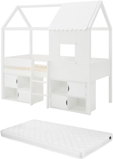 Vente-unique - Halbhohes Bett in Hausoptik + Matratze - 90 x 190 cm - Kiefer & MDF - Weiß - VALESKIA