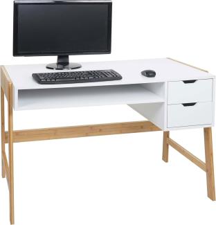 Schreibtisch HWC-K12, Bürotisch Computertisch Arbeitstisch, Schublade, Bambus 76x115x58cm ~ weiß