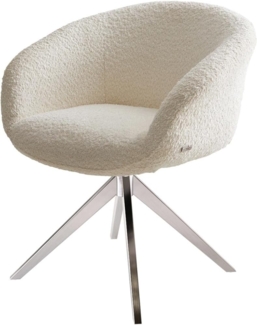 Drehstuhl Vinka-Flex mit Armlehnen Bouclé Weiß Kreuzgestell breit Edelstahl 360° drehbar Taschenfederkern