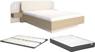 Vente-unique - Bett mit Nachttischen 160 x 200 cm - Mit LEDs - Beige und Naturholz + Lattenrost + Matratze - LYORIMA