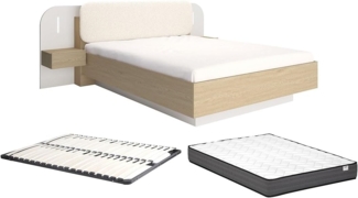 Vente-unique - Bett mit Nachttischen 160 x 200 cm - Mit LEDs - Beige und Naturholz + Lattenrost + Matratze - LYORIMA