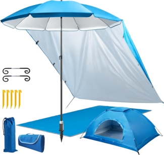 4smile Sonnenschirm 6er-Set in Blau, Ø 200 cm, Sonnenschirm Strand, Strandmuschel(2x1,5 m), stabiler Schirmständer Erdspieß, Sonnensegel Strand, faltbare Stranddecke(2x2 m), Schirmhülle