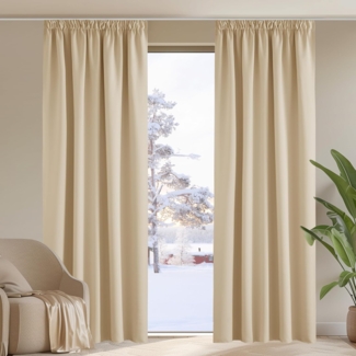 PONY DANCE Blickdichte Vorhänge mit Kräuselband für Schienen 2er Set H 228 x B 228 cm Thermogardine Kälteschutz Verdunkelnde Gardinen für Große Fenster Schlafzimmer, Biscotti Beige