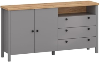 Kommode Sideboard Melini 166x38x86cm schiefergrau Eiche Delano hell