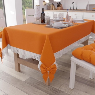 PETTI Artigiani Italiani - Tischdecke, Tischdecke, rechteckige Küchentischdecke mit Spitze und Schleifen, einfarbige Tischdecke aus Baumwolle, X12 Plätze (140x240 cm) Orange