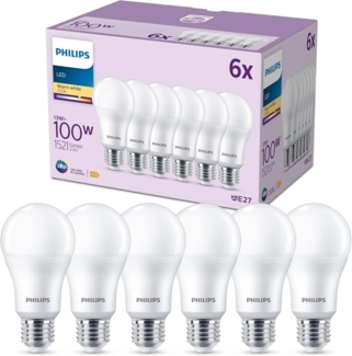 Philips LED E27 Lampen 6-er Pack (100 W), matte LED Lampen mit warmweißem Licht, energiesparende LED Beleuchtung mit langer Nutzlebensdauer
