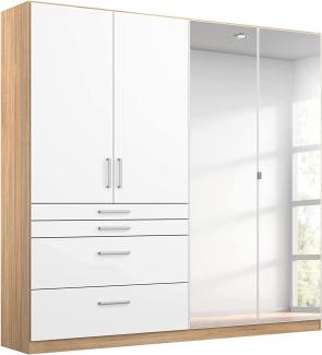 Rauch Möbel Harburg Schrank Kleiderschrank Drehtürenschrank Weiß/Eiche Sonoma 4-türig mit Spiegel und 4 Schubladen inklusive Zubehörpaket Basic 3 Einlegeböden, 1 Kleiderstange BxHxT 181x197x54 cm