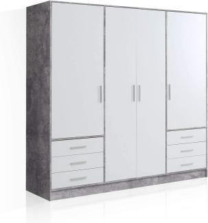 Möbel-Eins JAMI Kleiderschrank 4-trg. mit 6 Schubkästen, Material Dekorspanplatte betonfarbig/weiss