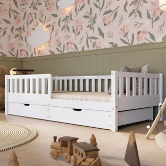 Crazy Pine Kinderbett mit Schublade 200x140 cm – Massives Montessori Bodenbett aus Holz in Weiß mit Rausfallschutz – Sicheres Kleinkindbett – Skandinavisches Design Leichte Montage - Crazy Basic
