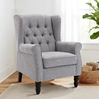 COLAMY Mid-Century Modern Sessel Wohnzimmer, Gepolsterter Wingback-Sessel mit Knopfsteppung, loungesessel Bezug aus Gewebe mit Massivholzbeinen für Wohnzimmer, Büro, Café - Hellgrau