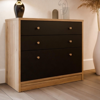 FORTE BADERNA Kommode 90, Klassische Kommode mit 3 Schubladen, Sideboard, Wohnzimmer, Schlafzimmer, Holzwerkstoff, Mauvella Eiche Holzdekor/Schwarz, 89,8 cm breit x 77,6 cm hoch x 41,5 cm tief