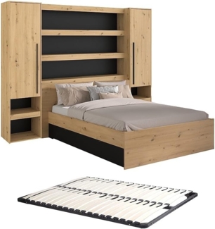 Vente-unique - Bett mit Stauraum & LEDs - 140 x 190/200 cm - Holzfarben & Schwarz - VARLY