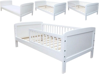 Micoland Kinderbett Kinderbett Juniorbett 140x70 cm umbaubar weiß (Bett mit Lattenrost und Sicherheitsgittern), mit Sicherheitsgitter