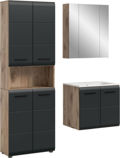 xonox. home – 3 TLG. Badezimmermöbel Kombination Ice 135 x 185 x 46 cm in Korpus Nox Oak Nachbildung und Front schwarz matt – Badkombination mit klarer Linienführung – edel & platzsparend